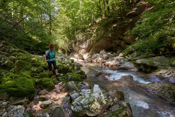 Woman Hiker Backpack Exploring Wild Gorges River Rapids Huge Moss — Stock Photo, Image