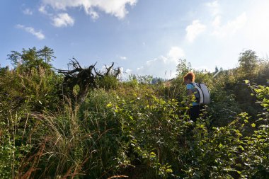 Sırt çantalı bir kadın dağlarda yürüyüş yapıyor.