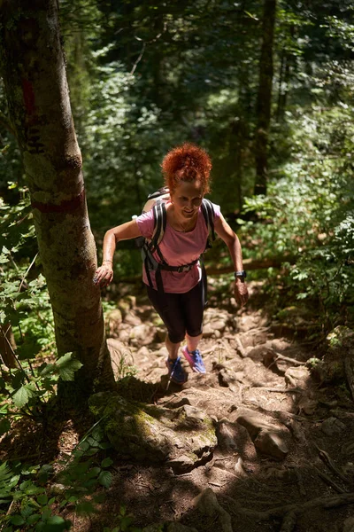 Vrouw Wandelaar Met Rugzak Wandelen Het Bergwoud — Stockfoto