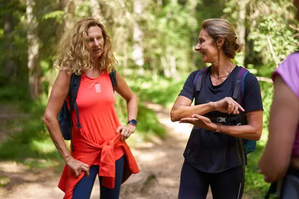 Two Women Backpacks Hiking Forests — Stock Photo, Image