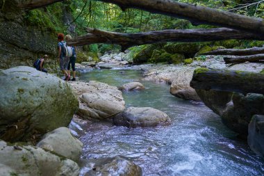 Sırt çantalı kadın yürüyüşçüler yemyeşil bir kanyonu ve nehri keşfediyorlar.