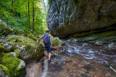 Sırt çantalı bir kadın gezgin, içinde nehir olan yemyeşil bir kanyonu keşfediyor.