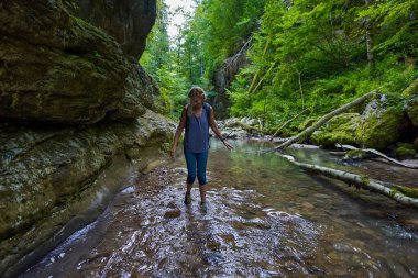 Sırt çantalı bir kadın gezgin, içinde nehir olan yemyeşil bir kanyonu keşfediyor.