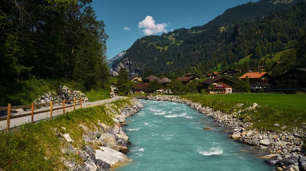 Landscape Emerald Mountain River Swiss Alps Flanked Road Village — Stock Photo, Image