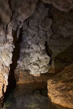 Bir mağarası, gölü ve çeşitli dalgaları olan yeraltı manzarası.