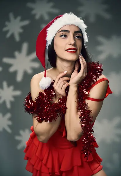 Young Beautiful Santa Lady Red Costume Snowflakes Background Studio Shot — Stock Photo, Image