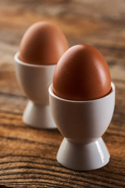 Whole Boiled Eggs Eggcup Wooden Board — Stock Photo, Image
