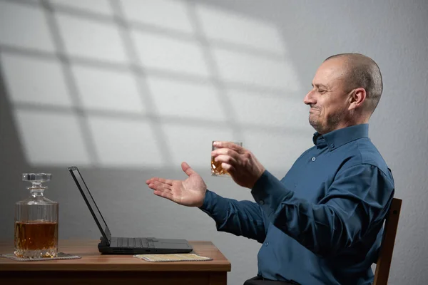 Businessman Celebrating Video Conference Glass Whiskey Deal Struck — Stock Photo, Image
