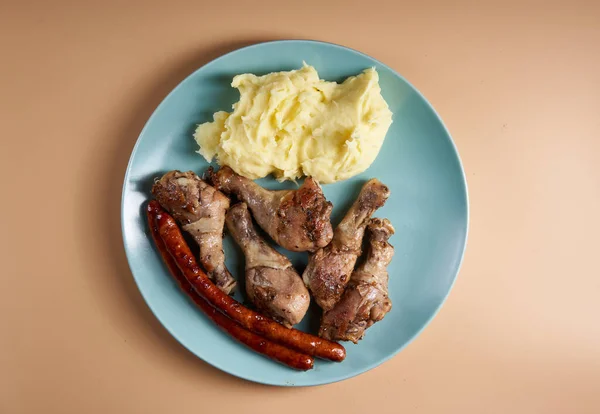 Grilled Chicken Legs Sausage Sticks Mashed Potato Side Dish Blue — Stock Photo, Image