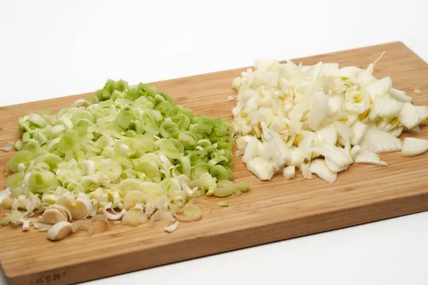 Freshly Chopped Leek Onion Wooden Board — Stock Photo, Image