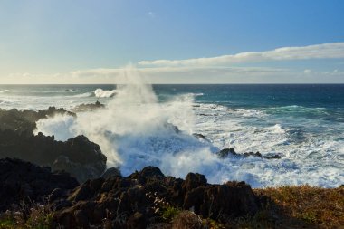 Atlantik okyanusuyla Tenerife kıyısında deniz manzarası, volkanik kıyılarda dalgalar.