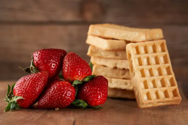 Fresh Strawberries Stack Waffles Wooden Background Royalty Free Stock Images