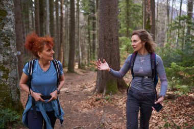 Sırt çantalı kadınlar ormanda dağlarda yürüyüş yapıyorlar.