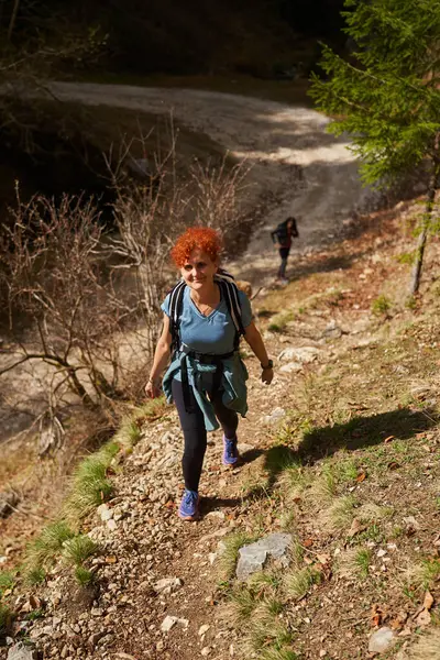 Mulher Caminhante Com Mochila Caminhadas Floresta Montanhas Durante Dia Imagens De Bancos De Imagens