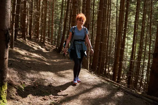 Kobieta Plecakiem Wędrująca Samotnie Ścieżką Górach Przez Las Obraz Stockowy