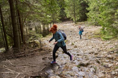 Sırt çantalı bir grup kadın yürüyüşçü dağlarda yürüyüş yapıyor.
