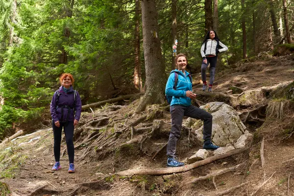 一群背着背包在山路上远足的女徒步旅行者 图库照片