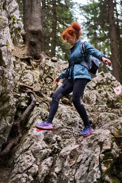 Mujer Excursionista Con Mochila Senderismo Sendero Las Montañas Con Bosques Imagen de archivo