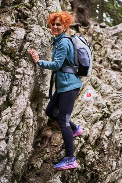 背着背包的女徒步旅行者带着松林在山路上远足 免版税图库图片