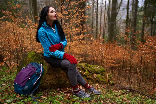 Woman Backpack Hiking Rainy Day Mountains Stock Image