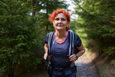 Sırt çantalı bir kadın dağdaki çam ormanında yürüyüş yapıyor.