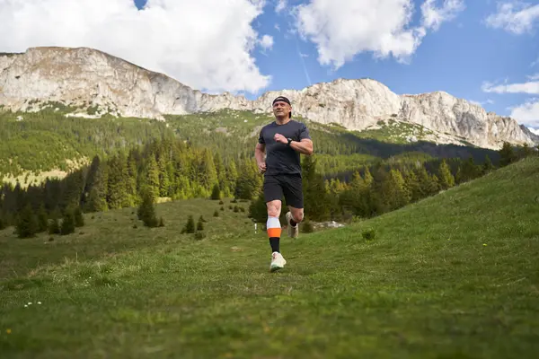 Yetişkin adam patikası dağlarda, çimlerin üzerinde koşuyor.