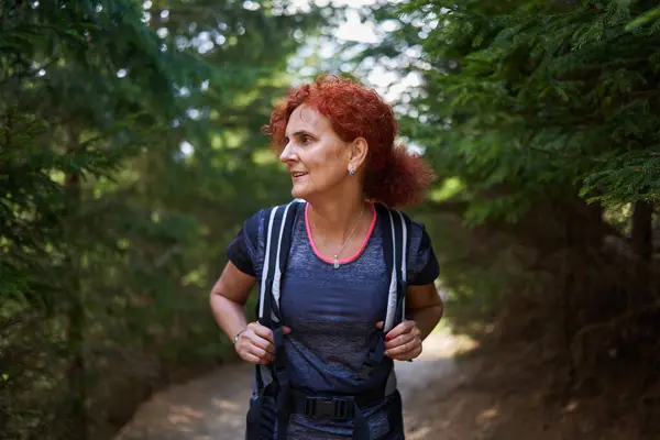 Woman Backpack Hiking Trail Pine Forest Mountain Rechtenvrije Stockfoto's