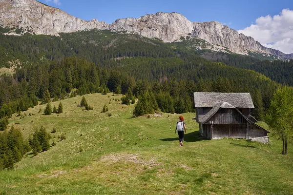 Escursionista Donna Con Zaino Passando Cottage Montagna Sulla Strada Alte Immagini Stock Royalty Free