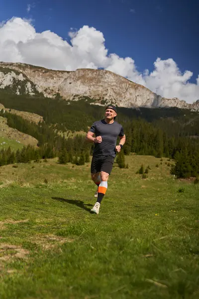 Trail Runner Race Running Mountains Meadow Εικόνα Αρχείου