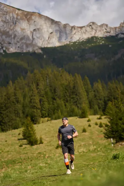 メドウの後ろの山で走るレースでトレイルランナー ロイヤリティフリーのストック写真