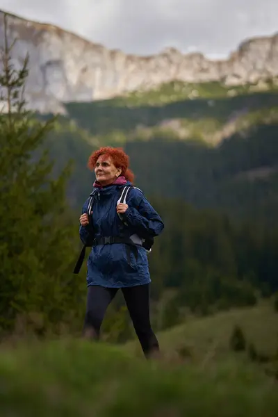 Hiker Woman Backpack Hiking Trail Mountains Стоковая Картинка