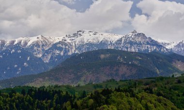 Yazın başlarında kar ve çam ormanlarıyla kaplı dağlar, resim gibi manzaralar.