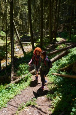 Sırt çantalı kadın yürüyüşçüler gündüz dağlarda yürüyüş parkurunda