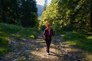 Kızıl saçlı yürüyüşçü, yürüyüş direkleri ile dağlara doğru yürüyor ormanda bir patika üzerinde