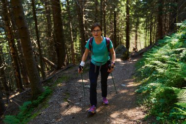 Ormanda dağ yürüyüşü yapan bir kadın. 