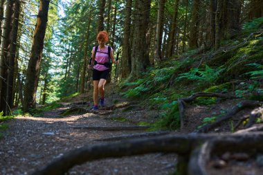 Sırt çantalı ve sırıkla dağlara doğru yürüyüş yapan bir kadın yürüyüşçü.