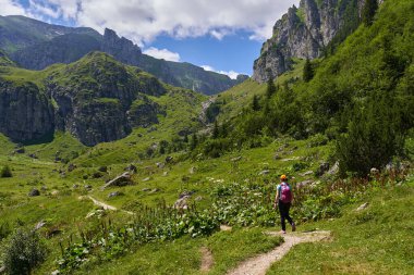 Sırt çantalı ve sırıkla dağlarda gezen bir kadın.