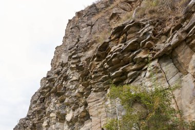 Bazalt, kumtaşı, yosun ve diğer kaya oluşumları terk edilmiş bir taş ocağında katmanlar halinde.