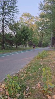 Olgun koşucu güneşli bir günde parkta koşuyor, ağır çekimde. 