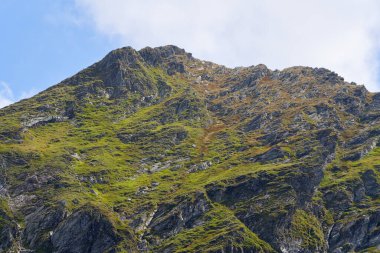 Kayalık dağ zirveleri ve yaz sonlarında zirve, canlı bir manzara. 