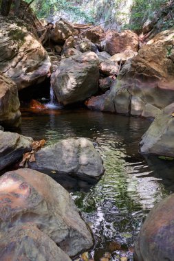 Büyük kayalarla dolu bir vadideki temiz su nehri, hızlı ve havuz oluşturur.