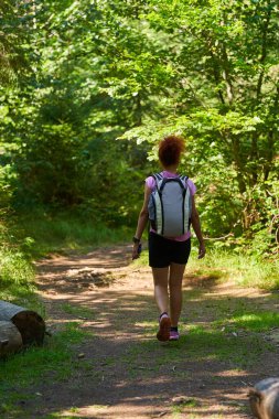 Sırt çantalı bir kadın ormanda dağlarda geziyor.