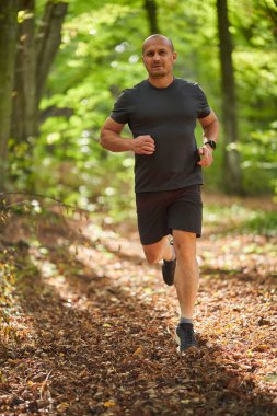 Yazın sonlarında sabah parkında koşan olgun bir adam.