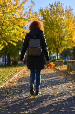 Parkta canlı rengarenk sonbahar ayarı içinde yürüyen kızıl saçlı kadın.
