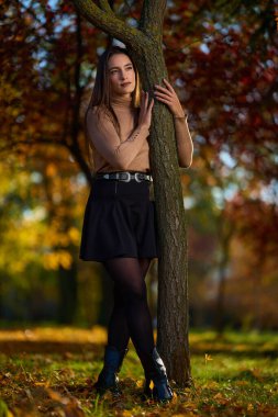 Parkta ağaçlara sarılan genç bir kadın. Sıcak bir sonbahar gününde etrafını renkli ağaçlar sarmış.