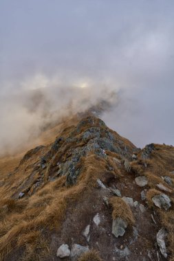 Soğuk Kasım gününde patikalarla ve dağlarla kaplı manzara