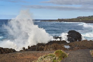 Güçlü okyanus dalgaları volkanik kayalara çarpıyor, Tenerife 'nin engebeli kıyı şeridinde dramatik bir püskürme yaratıyor.