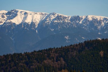 Karla kaplı dağ zirveleri, açık mavi gökyüzünün altında, sık ve yeşil ormanların üzerinde yükseliyor.