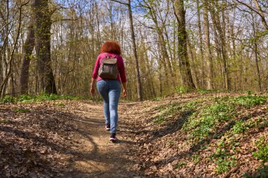 Kızıl saçlı kadın sırt çantalı yalnız başına orman yolunda yürüyor. Arkadan görülüyor.