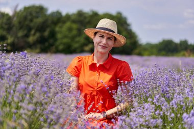 Kırmızı elbiseli gülümseyen kadın güneşli bir günde açan lavanta çiçeklerinin arasında oturuyor.
